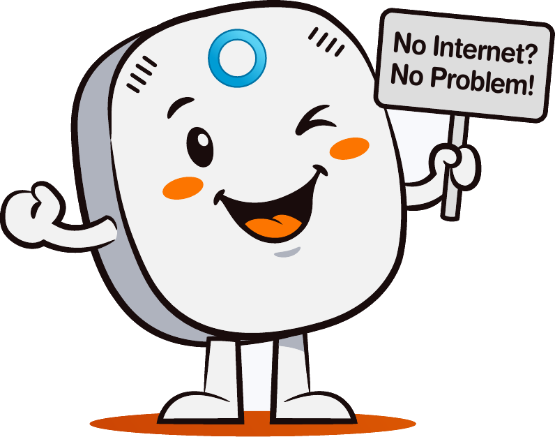 Junoby mascot winking and holding a sign that reads: No Internet? No Problem!